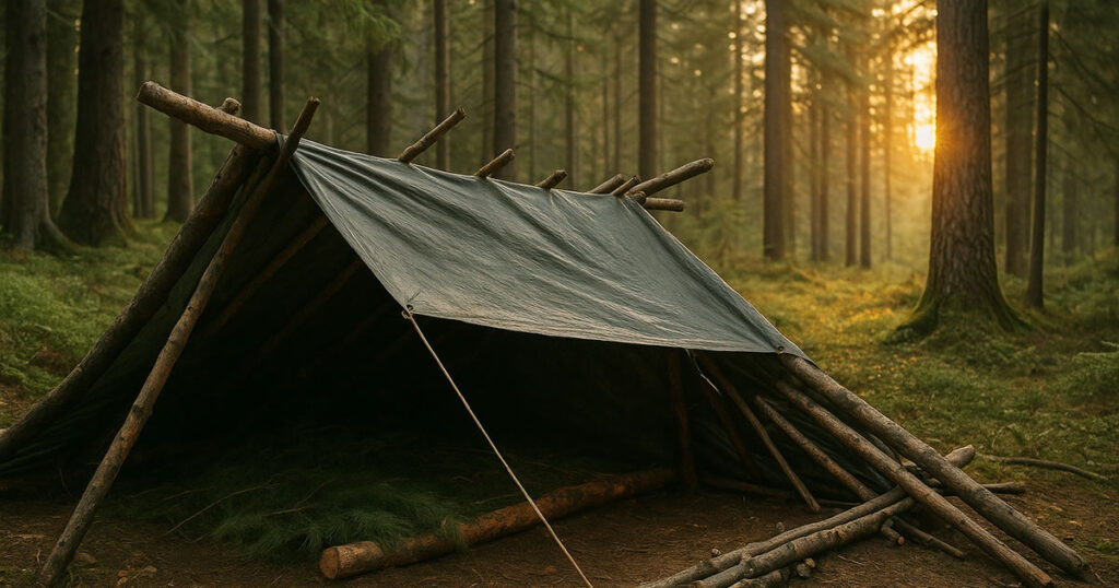 Abrigo improvisado de tarp e galhos para bushcraft na floresta Abrigo improvisado feito com tarp e galhos no pôr do sol, exemplo prático para iniciantes em bushcraft