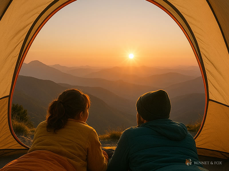 Amanhecer Outdoor: O Poder do Silêncio nas Alturas Casal observando o nascer do sol de dentro de uma barraca voltada para o vale, cercada por montanhas e névoa suave
