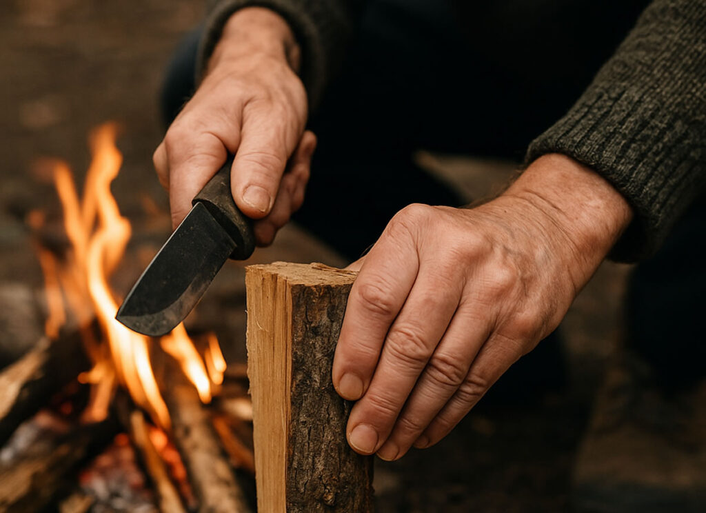 Detalhe de mãos cortando lenha para fogueira, representando habilidades de bushcraft no cotidiano outdoor