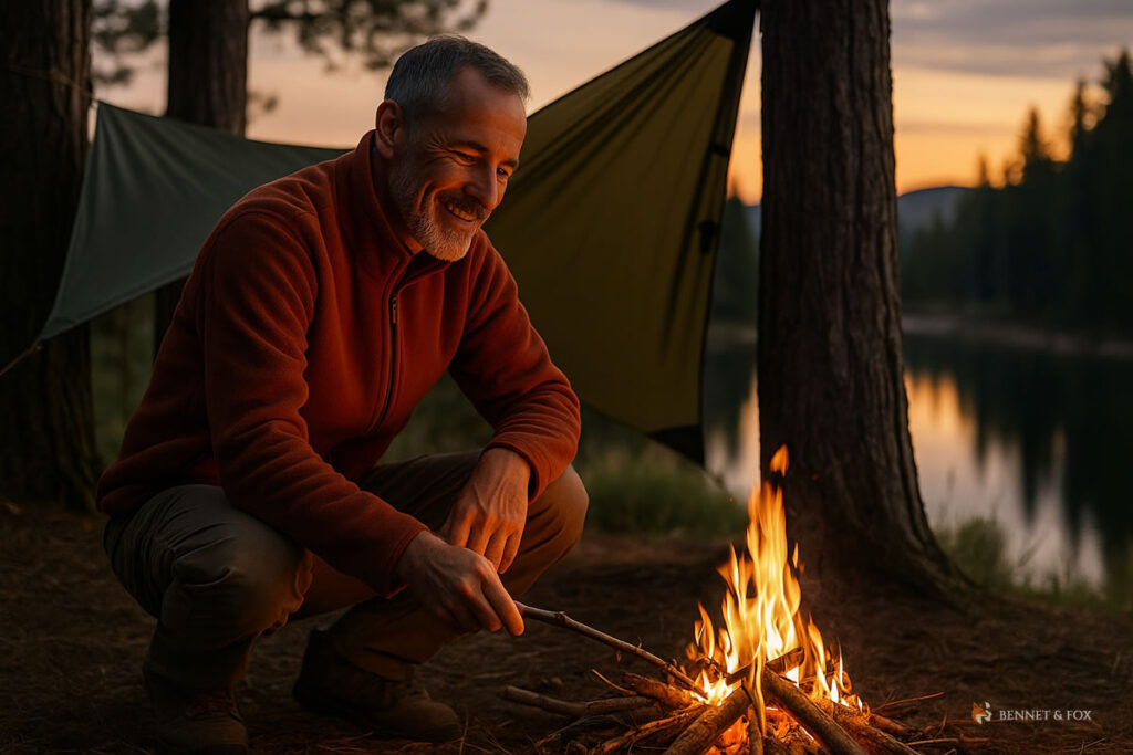 Iniciante praticando bushcraft, fazendo fogo ao lado de um abrigo rústico na mata