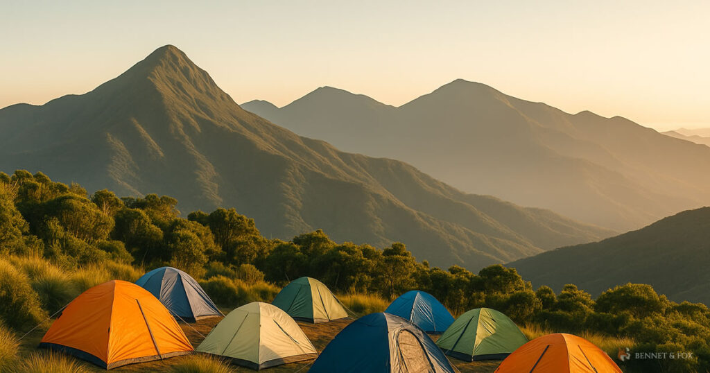 Barracas coloridas montadas no acampamento A2 do Pico Paraná, com vista para os picos do Ibitiraquire ao entardecer