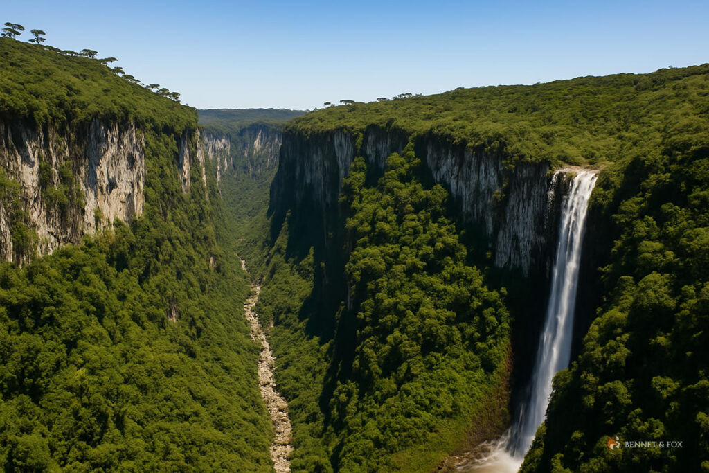 Cânion Itaimbezinho visto do alto, destaque para as paredes verticais, floresta de araucárias e cachoeira, referência de vida outdoor na Serra Gaúcha