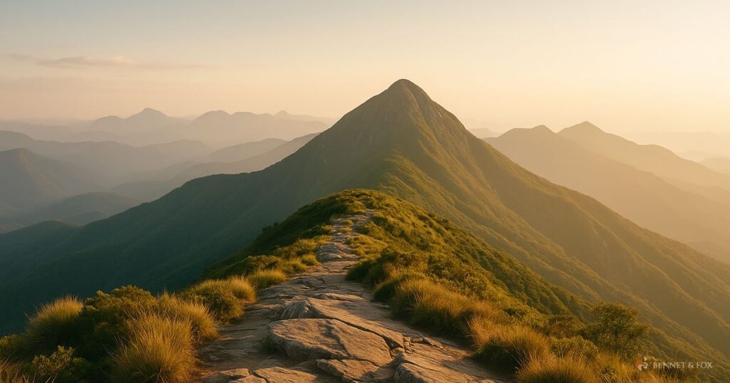 Trecho final da trilha do Pico Paraná com costão rochoso, vegetação de altitude e panorama aberto para a Serra do Ibitiraquire.