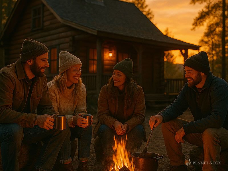 Fogueira ao Entardecer: Amizade, Calor Humano e o Espírito da Vida Outdoor Amigos ao redor da fogueira ao entardecer, em frente a cabana rústica, estilo de vida outdoor.