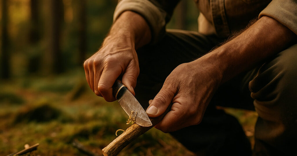 Bushcraft para Iniciantes: homem acendendo fogueira ao entardecer em abrigo rústico na floresta Homem de meia-idade acendendo fogueira ao lado de abrigo rústico no bosque ao entardecer, prática de bushcraft para iniciantes