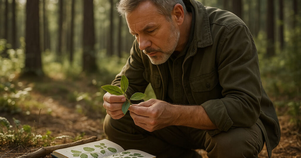 Identificação de Plantas Comestíveis e Técnicas de Coleta Segura no Bushcraft Homem observando e identificando cuidadosamente plantas silvestres em uma clareira de floresta, utilizando guia de campo e técnicas seguras para coleta na natureza