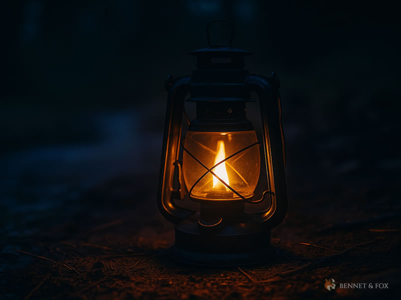 Lampião iluminando acampamento bushcraft à noite — Vida outdoor com tradição e aconchego Lampião metálico antigo aceso, iluminando suavemente um acampamento de bushcraft à noite, com silhuetas de árvores e equipamentos outdoor ao fundo.