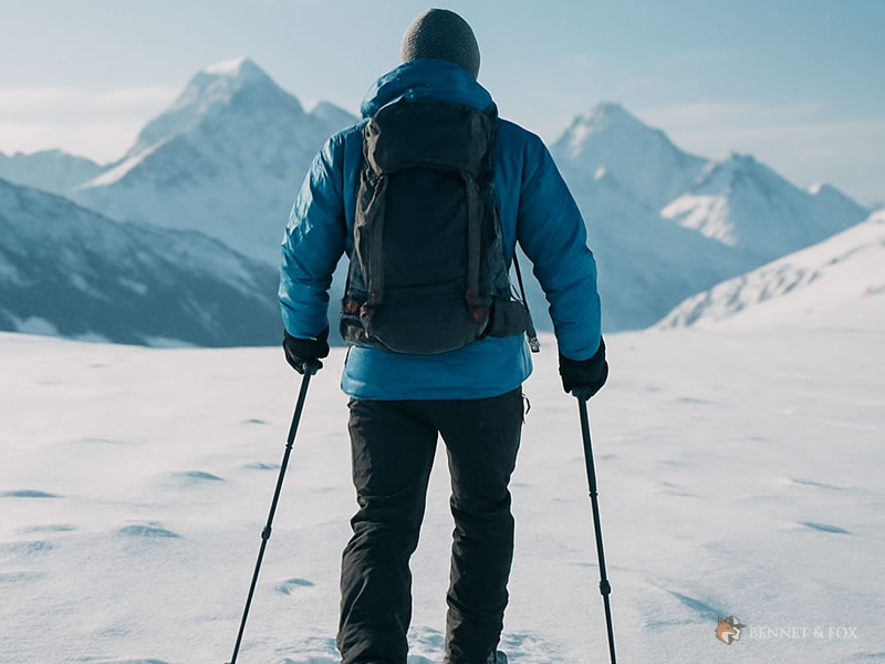 Liberdade na Neve: Encontre Força nos Extremos Outdoor Pessoa caminhando com bastões de trekking sobre neve fofa, com roupas técnicas, céu claro e picos ao fundo.