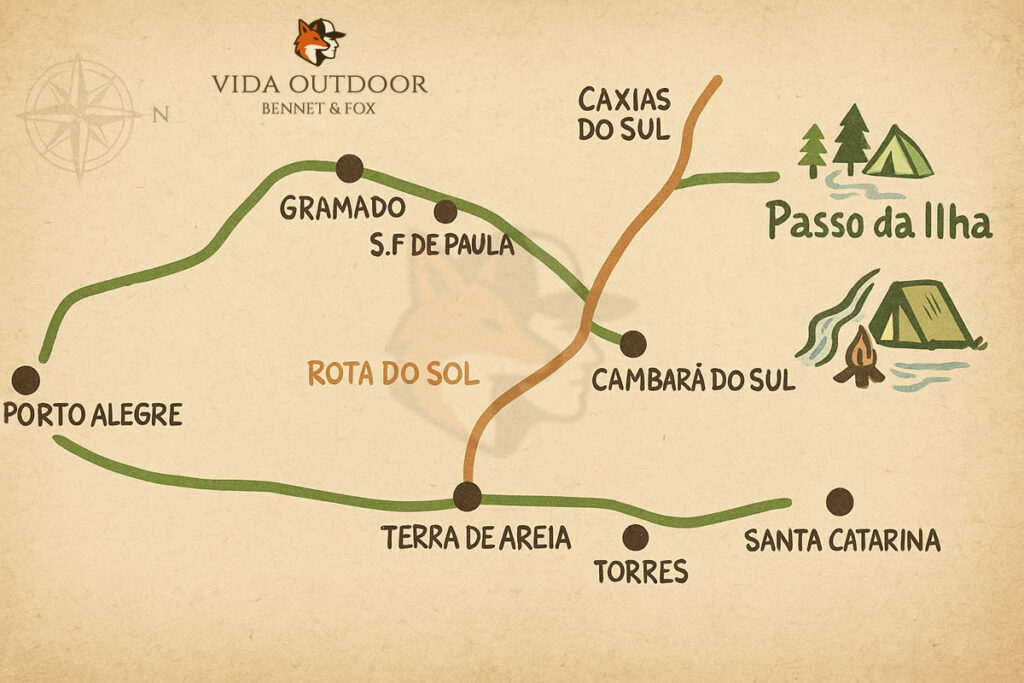 Mapa das rotas para o Passo da Ilha, RS, rio, barraca e elementos outdoor na Serra Gaúcha