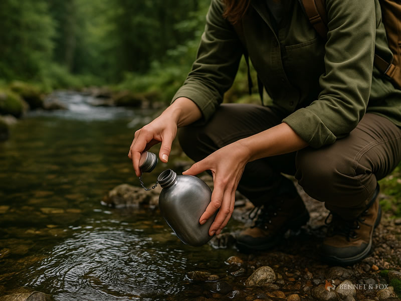 Mulher aproximando cantil de metal para coletar água em riacho - Bushcraft e Vida Outdoor Mulher agachada à beira de um riacho na floresta, aproximando um cantil metálico para coletar água, vestida com roupas de trilha e cercada por pedras e vegetação, representando prática real de bushcraft.