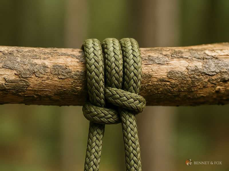 Nó Prusik em Close-up — Técnica Essencial de Bushcraft Close-up de um nó Prusik feito com paracord verde em um galho de árvore, mostrando a técnica e detalhes essenciais para bushcraft e atividades outdoor.