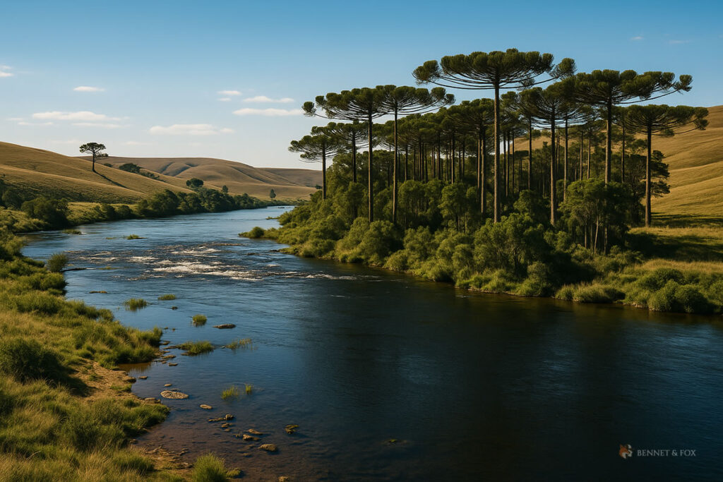 Paisagem do Passo da Ilha na Serra Gaúcha, rio, campos e araucárias - destino de vida outdoor e natureza
