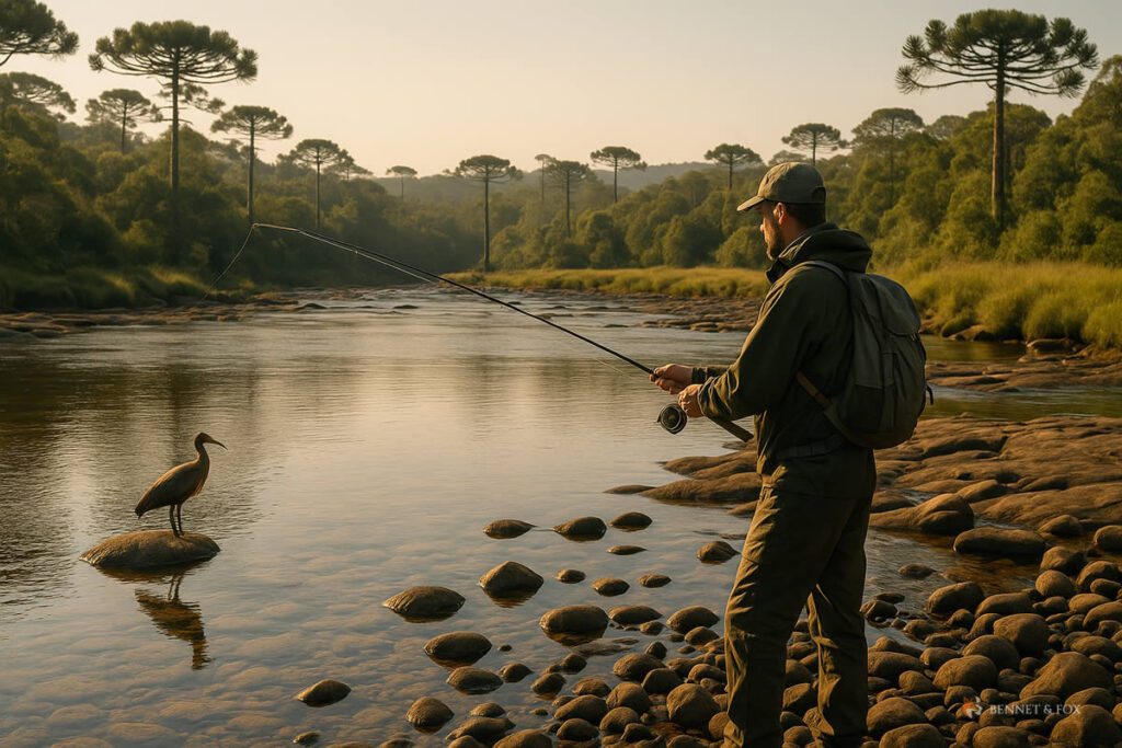 Cenário de vida outdoor no Passo da Ilha, em São Francisco de Paula, com pescador praticando pesca esportiva no rio Tainhas, ave nativa, lajeado de pedra e araucárias típicas da Serra Gaúcha.