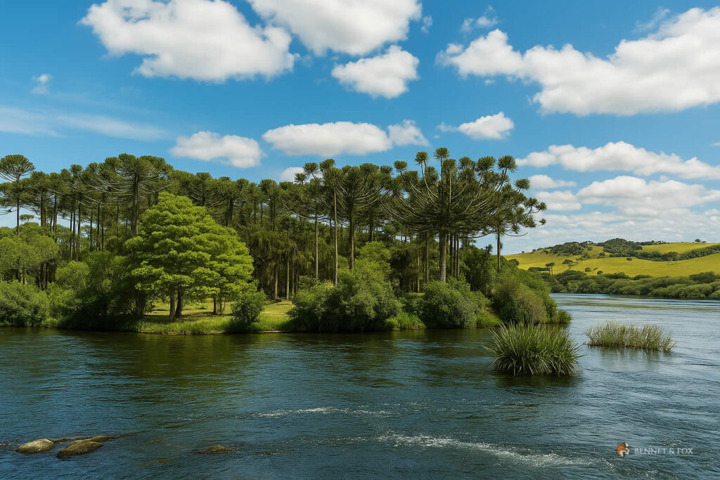 Paisagem do Passo da Ilha, rio Tainhas, lajeado com pedras, corredeiras e araucárias, destino de vida outdoor na Serra Gaúcha