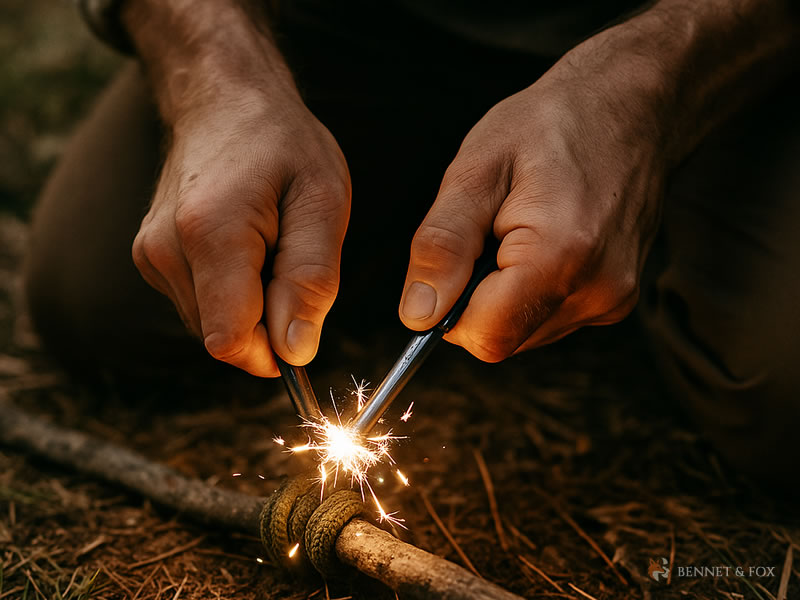 Uso de Pederneira no Bushcraft - Faísca em Evidência Mãos usando pederneira para gerar faíscas sobre gravetos, demonstrando técnica essencial de acendimento de fogo no bushcraft