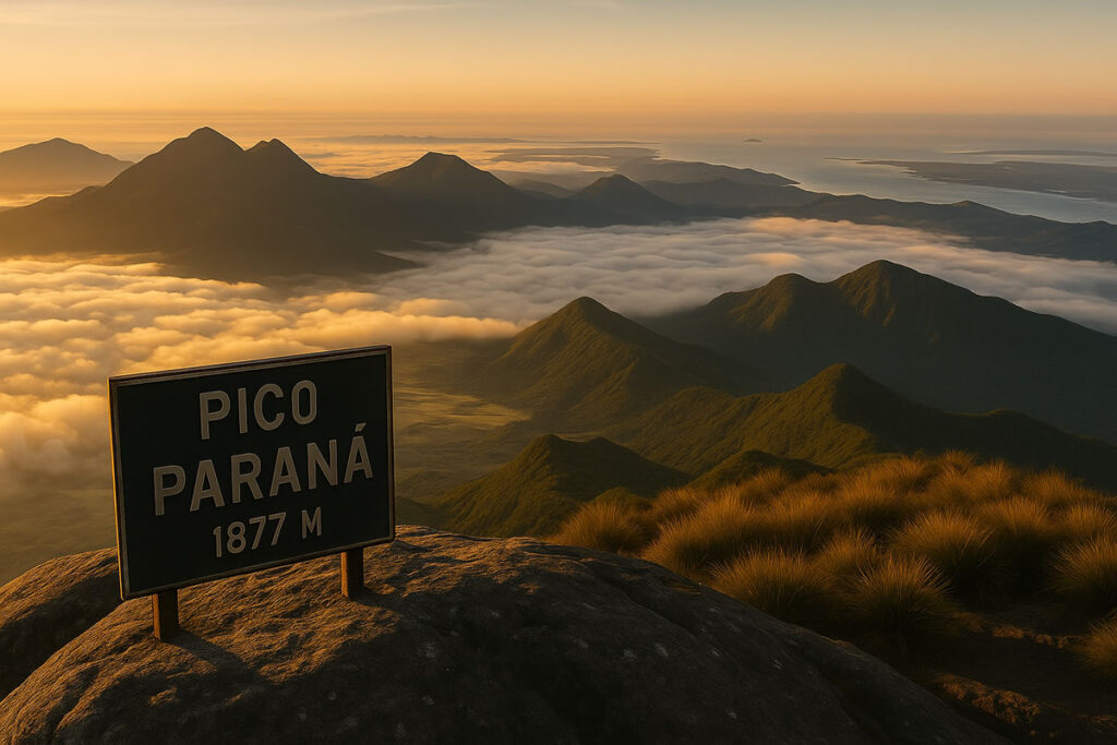 Cume do Pico Paraná, montanha mais alta do sul do Brasil, com placa de altitude de 1877 metros, nascer do sol, paisagem de montanhismo e vida outdoor