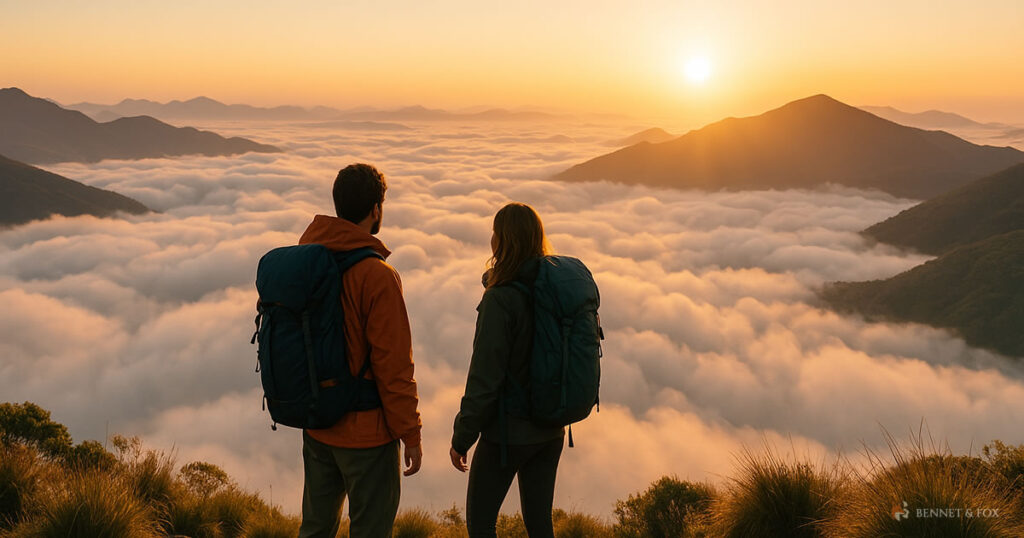 Casal de trilheiros observa o nascer do sol no cume do Pico Paraná, rodeados por mar de nuvens e montanhas do sul do Brasil - símbolo do montanhismo e da vida outdoor.