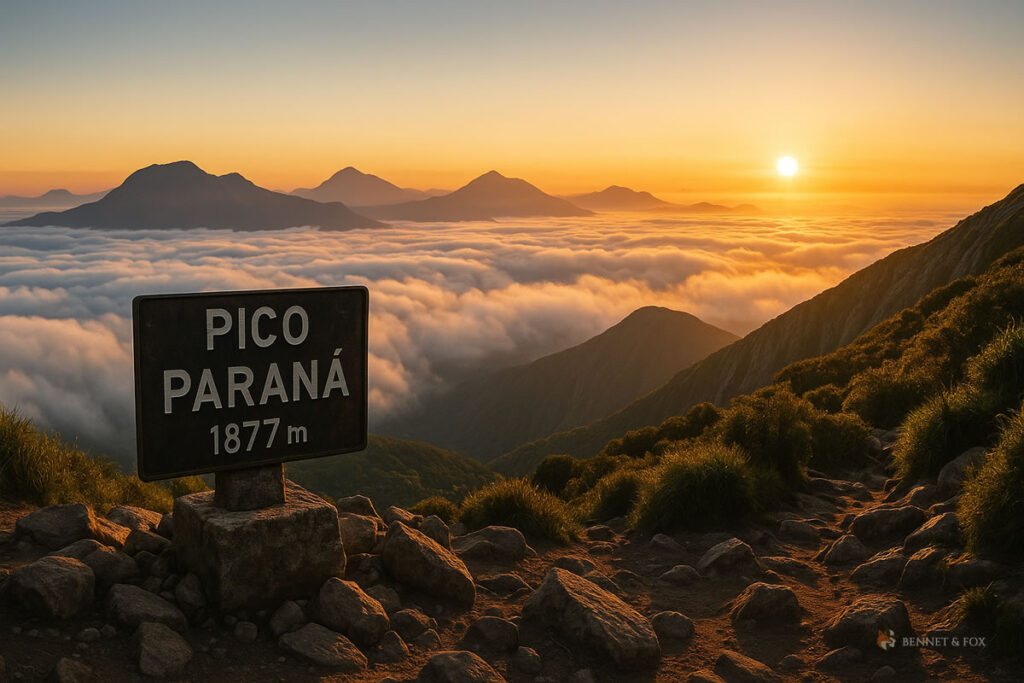 Vista do cume do Pico Paraná com placa de altitude, nascer do sol e montanhas do sul do Brasil, referência em montanhismo e vida outdoor