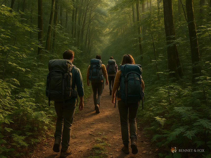 Trilha na Floresta: Corpo em Movimento, Mente Presente Grupo caminhando por trilha estreita em floresta densa, com mochilas cargueiras, luz filtrada pelas copas das árvores.