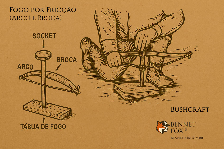Ilustração do método de fogo por fricção com arco e broca, com identificação das peças: socket, broca, arco e tábua de fogo.