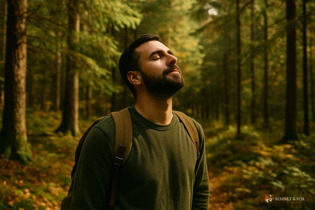 Pessoa praticando banho de floresta em ambiente natural, vivenciando vida outdoor autêntica e conexão sensorial com a natureza.