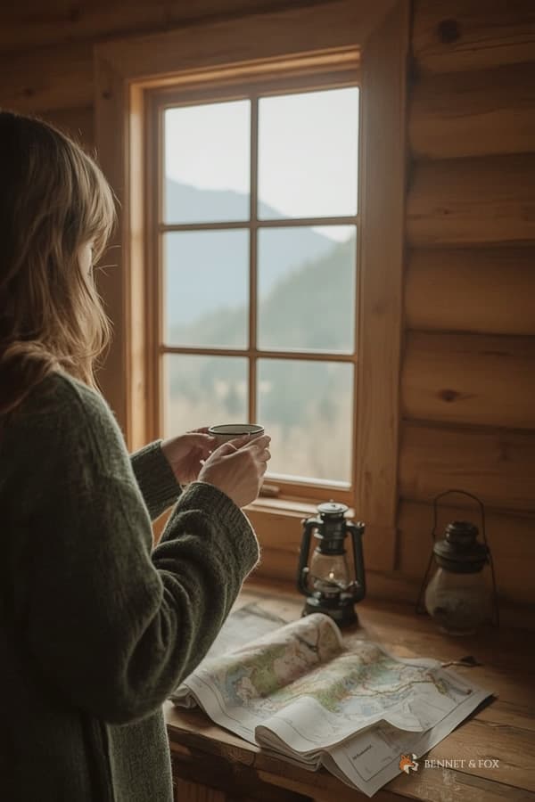 Interior Contemplativo de Cabana - Bennet & Fox Pessoa segurando uma caneca em frente a uma janela de cabana rústica, mapa e lampiões sobre a mesa, vista de montanhas ao fundo