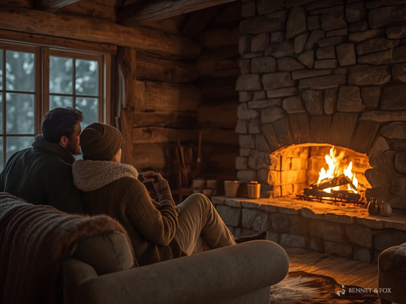 Refúgio de Inverno - Lareira na Cabana “Casal em um sofá rústico em uma cabana de montanha, observando a lareira acesa em um dia frio de inverno
