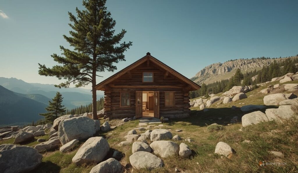 Cabana Rústica na Montanha com vista ampla - Refúgio Bennet & Fox Cabana rústica de madeira em uma montanha, cercada por pedras naturais e um pinheiro, com vista ampla para o horizonte