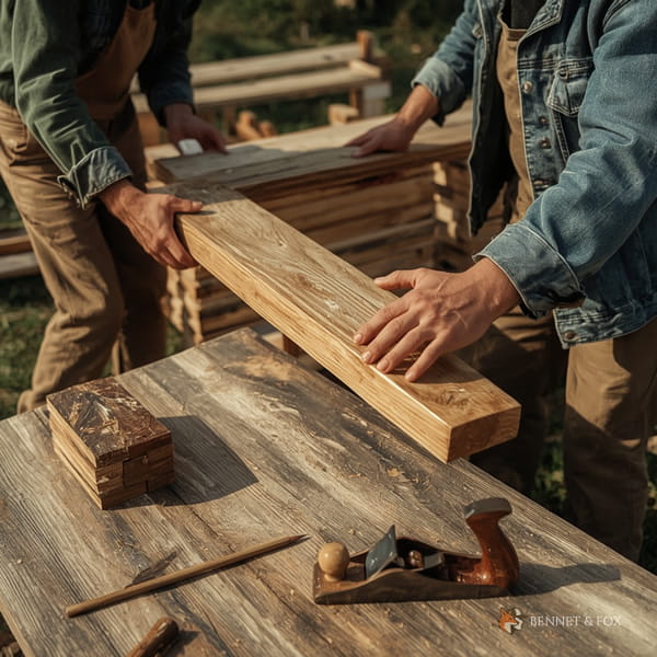 Mãos & Ofício - Construção de Abrigo de Lenha Duas pessoas na trabalhando na construção de um abrigo rústico de lenha ao ar livre
