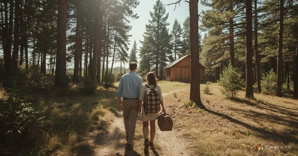 Cabanas e Refúgios: casal caminha por trilha de terra até a cabana