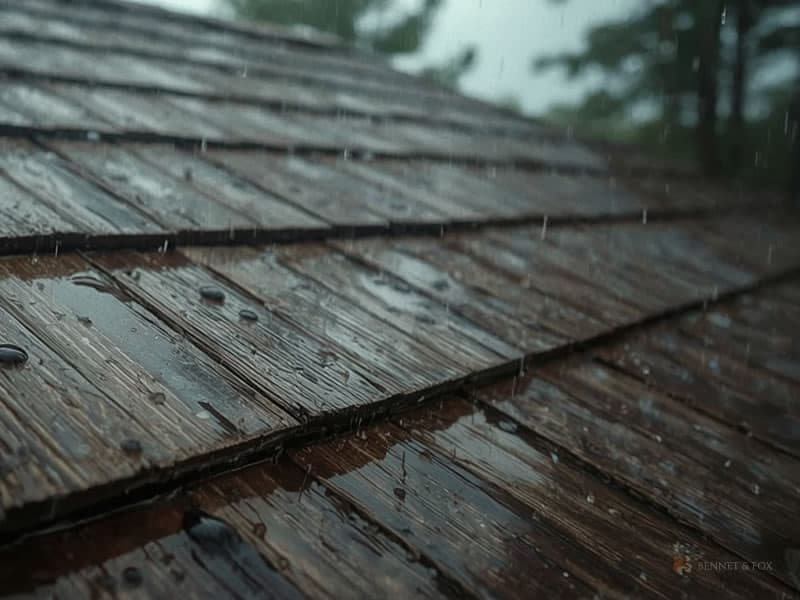 Close-up de chuva no telhado de cabana rústica; telhas de cedro molhadas.