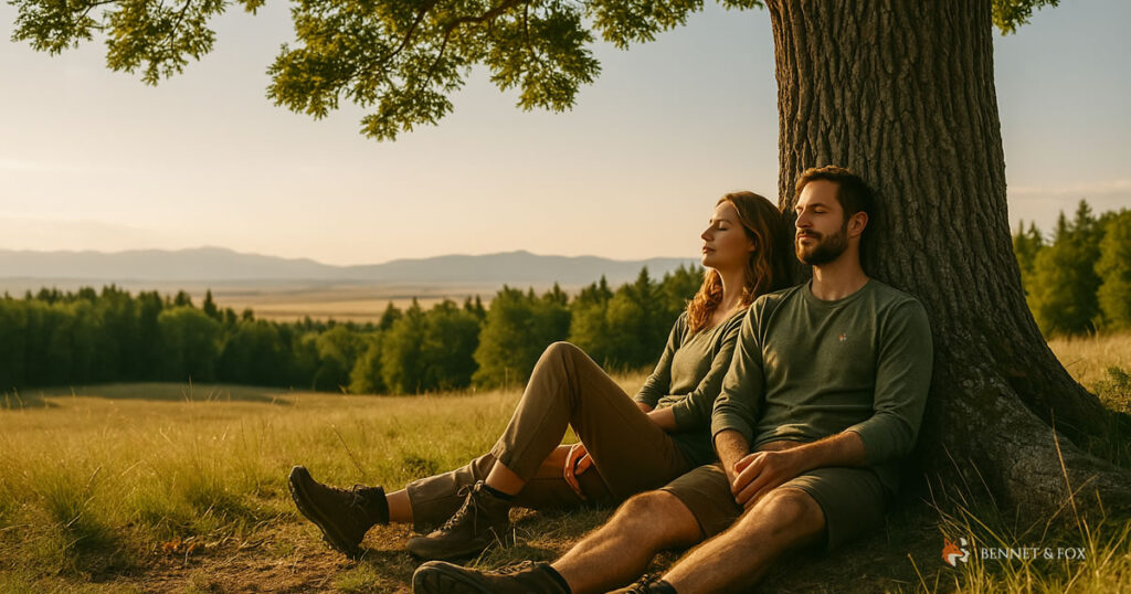 Casal pratica banho de floresta, relaxando sob o carvalho, conectados à natureza e à vida outdoor.