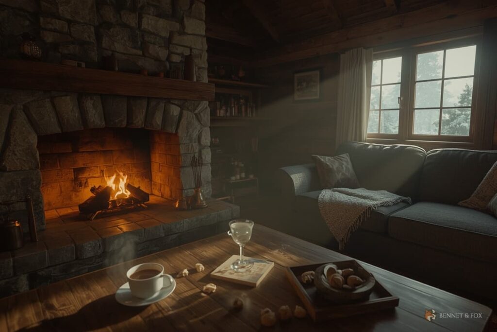Interior de cabana na montanha com lareira acesa, piso de madeira e nozes; refúgio de vida outdoor