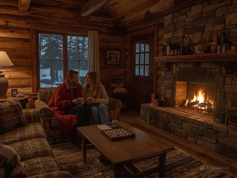 Casal em frente a lareira na cabana.