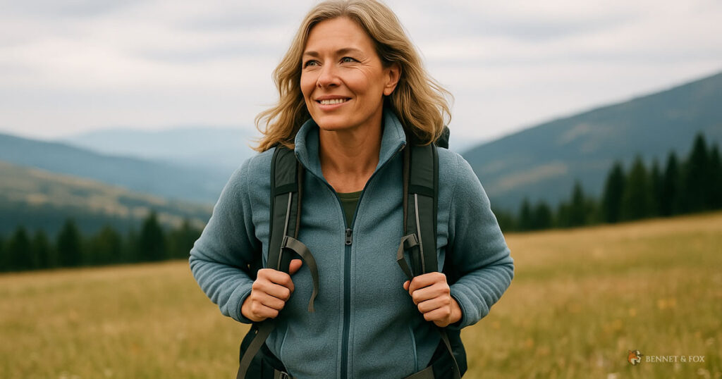 Mulher de meia-idade caminhando em campo de altitude, usando roupas e equipamentos outdoor