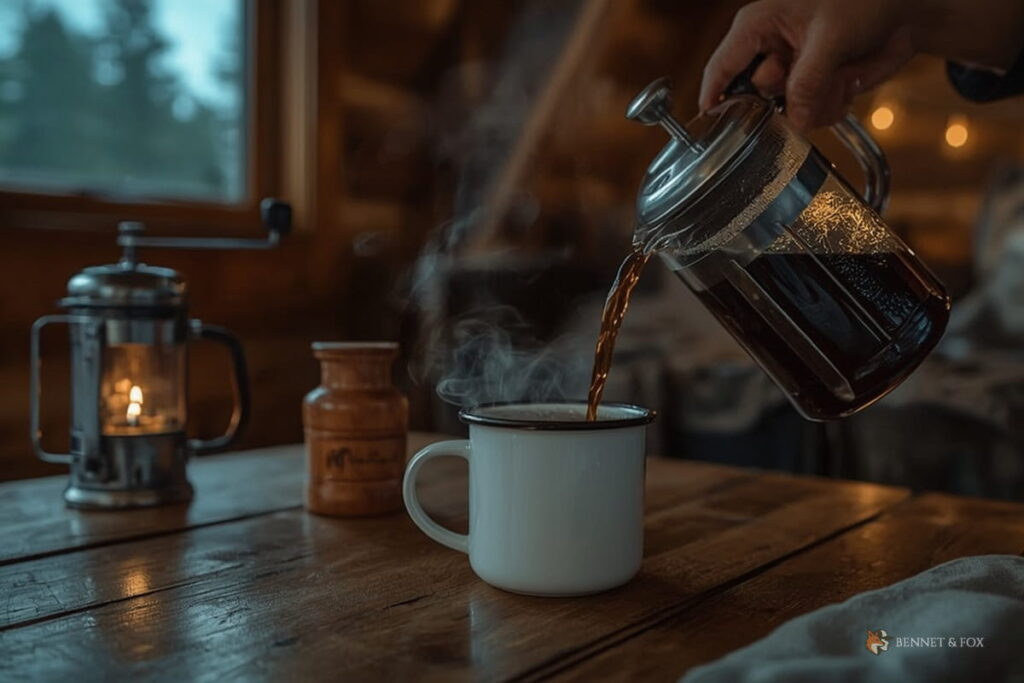 Servindo café de prensa francesa em caneca esmaltada, vapor visível, mesa de madeira em cabana ao amanhecer