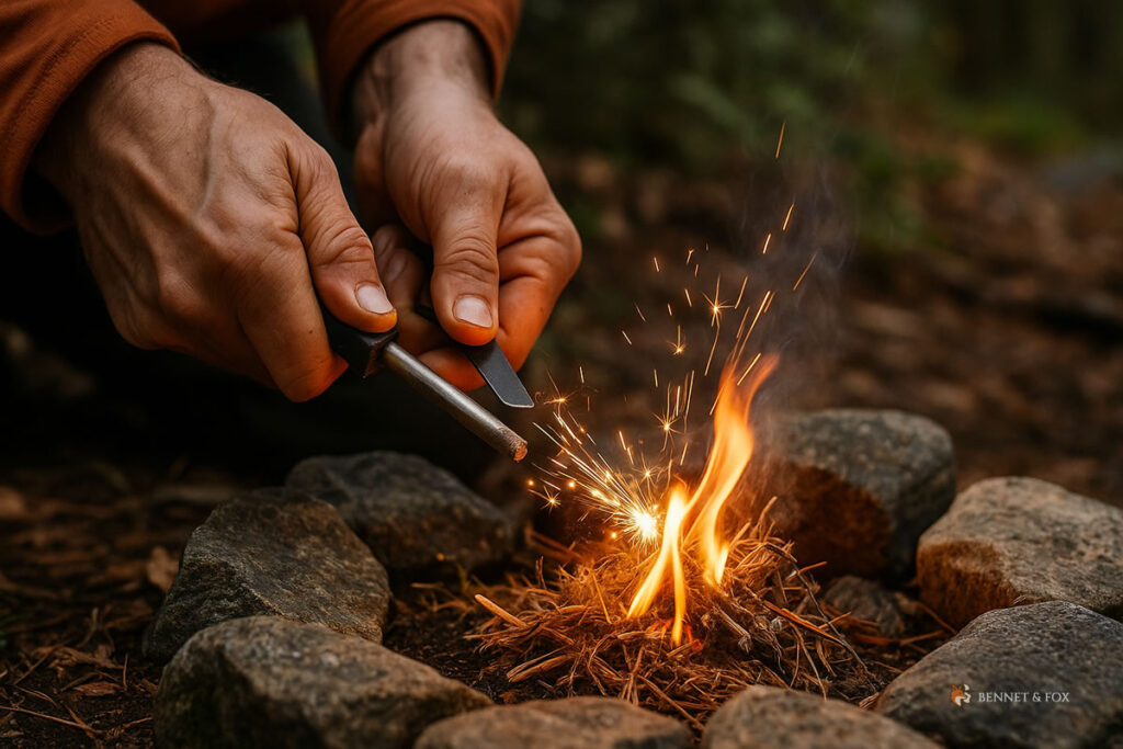 Pederneira acendendo fogo em um acampamento bushcraft, método recomendado pela Bennet & Fox para iniciantes na vida outdoor