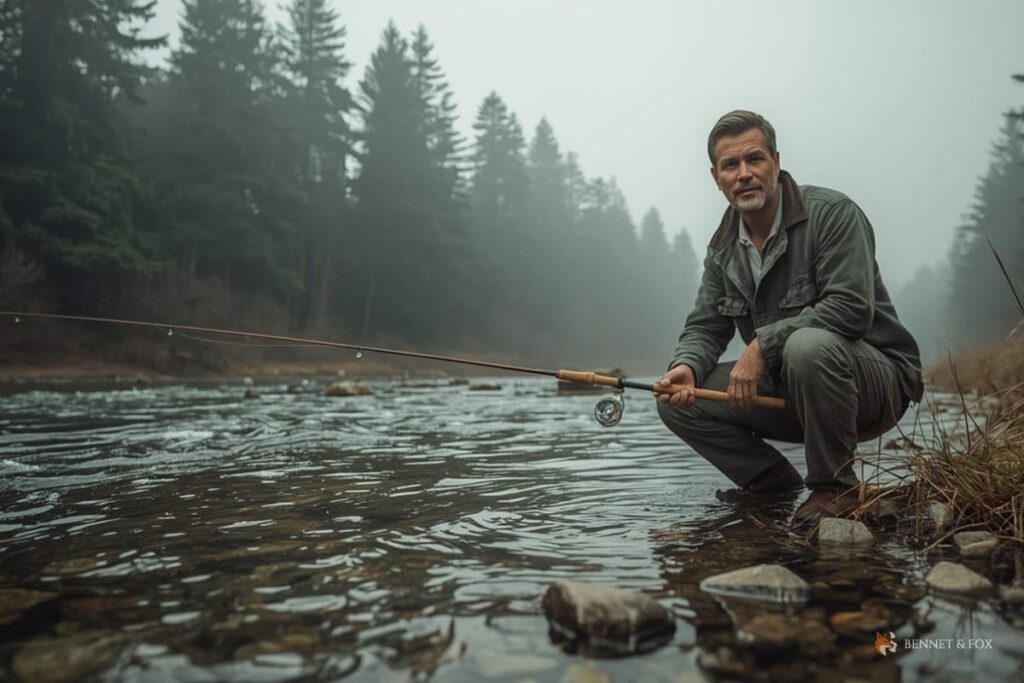 Pescador experiente na margem de um pequeno rio ao amanhecer