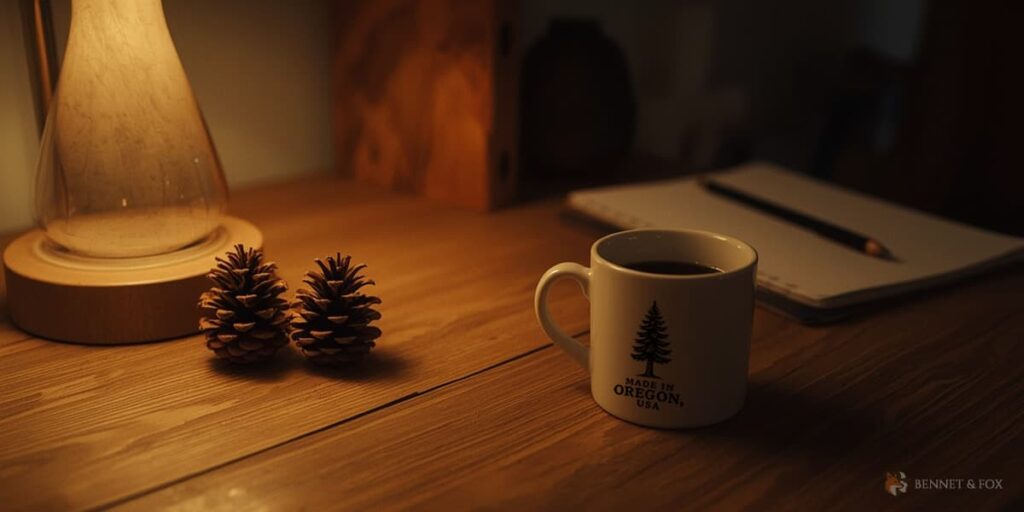Mesa de escritório com 2 pinhas de pinus; composição minimalista para cantinho outdoor