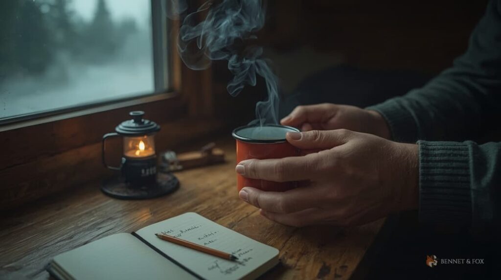 Mãos com caneca de café em cabana ao amanhecer