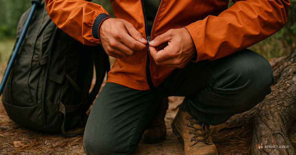 Jaqueta impermeável laranja, calça técnica e bota de trilha em uso na floresta, representando roupas outdoor para trilhas em biomas brasileiros.