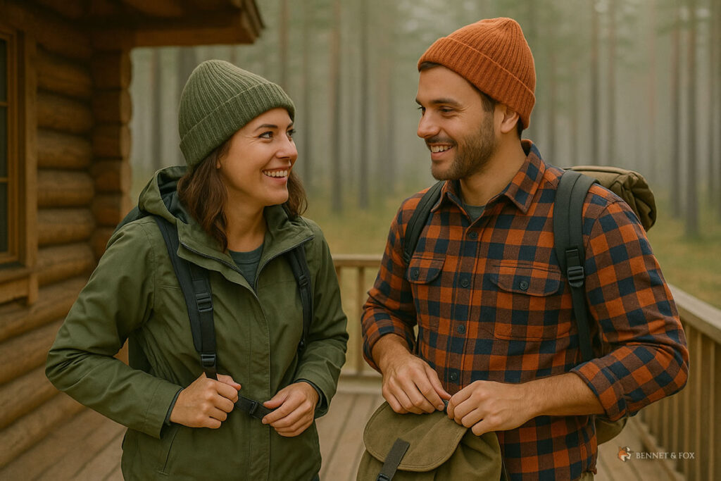 Casal com roupas e equipamentos outdoor em cabana, prontos para caminhada na floresta.