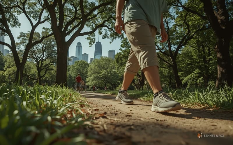 Pessoa usando tênis para caminhada leve em calçadão arborizado