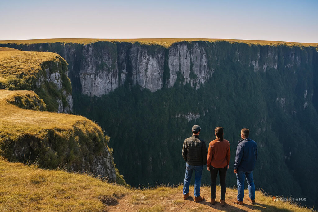 Três pessoas apreciando o cenário do Pico do Monte Negro durante trilha, referência em vida outdoor e aventura na Serra Gaúcha.